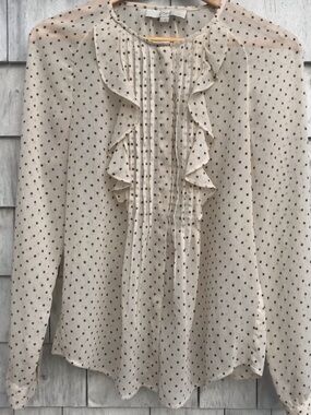 Loft Women’s Cream Ruffle Front Blouse with Black Dot Print